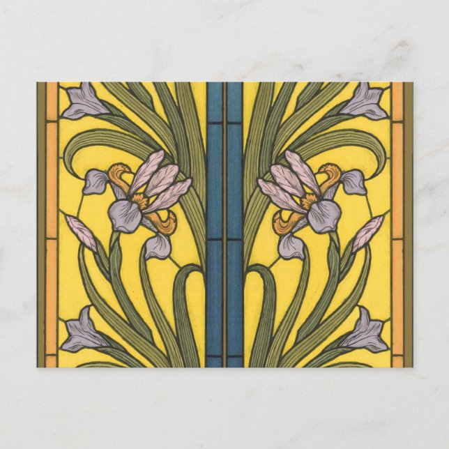 Carte Postale Iris Fleur Art Nouveau Vitrail Bleu Or (Devant)