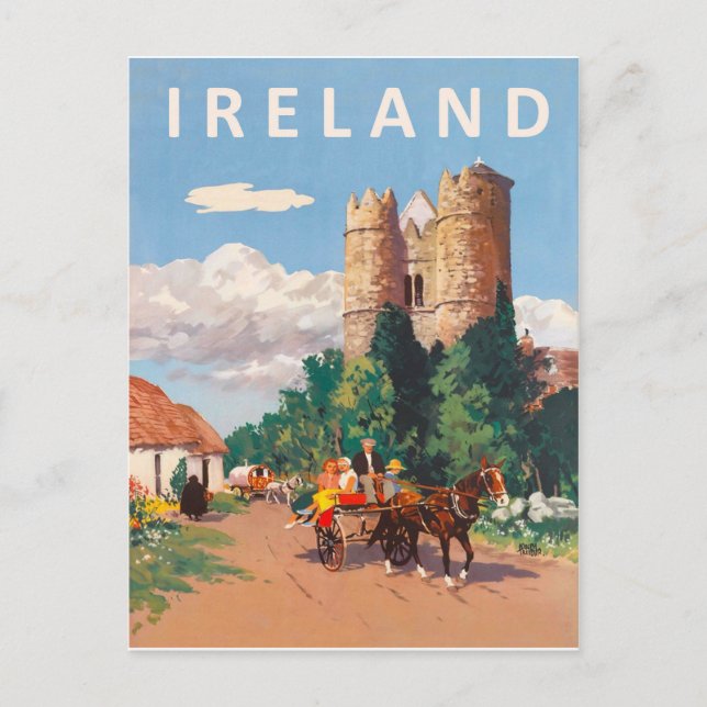 Carte Postale Irlande, la caravane passe sur la route du village (Devant)
