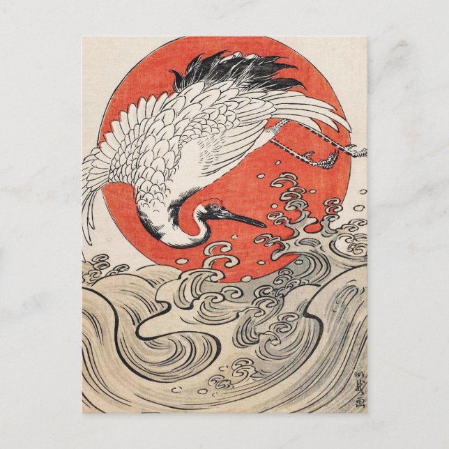 Carte Postale Isoda Koryusai Grue Vagues et soleil levant (Devant)