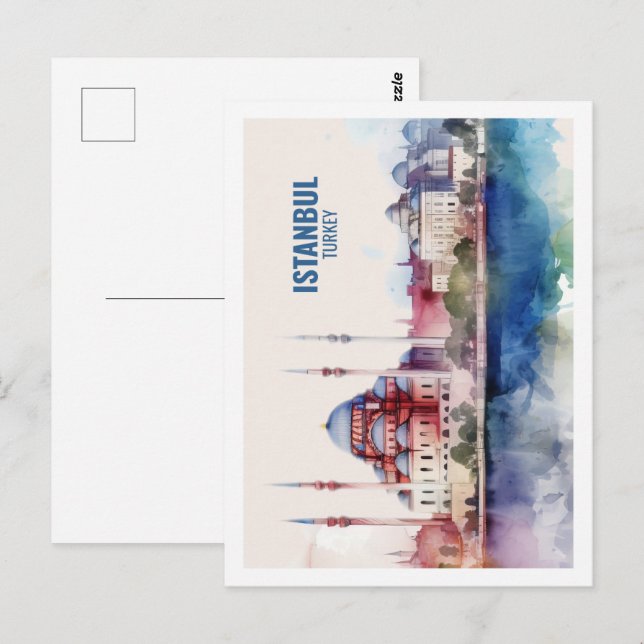Carte Postale Istanbul Turquie célèbre Travel Place Watercolor (Devant / Derrière)