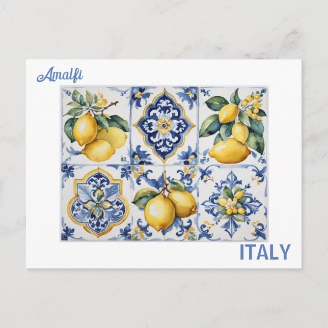 Carte Postale Italie Côte Amalfi bleu tuiles blanches citrons (Devant)