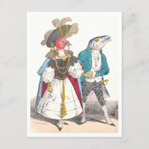 Carte Postale J.J. Grandville Illustration d'oiseaux et de poiss
