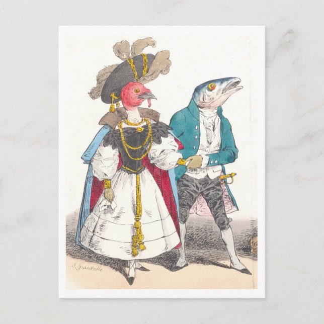 Carte Postale J.J. Grandville Illustration d'oiseaux et de poiss (Devant)