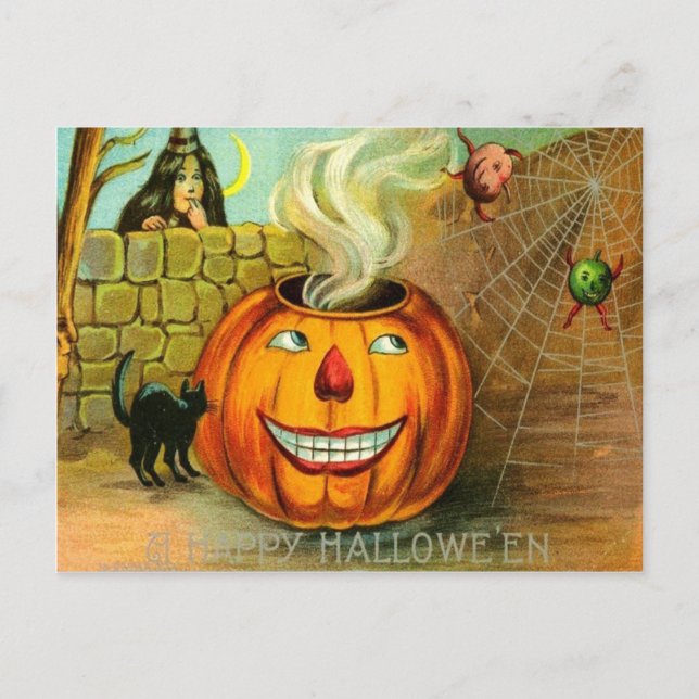 Carte Postale Jack-o'-lantern Citrouille Black Cat araignée Web (Devant)