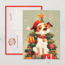 Jack Russell Terrier avec sapin de Noël et cadeaux