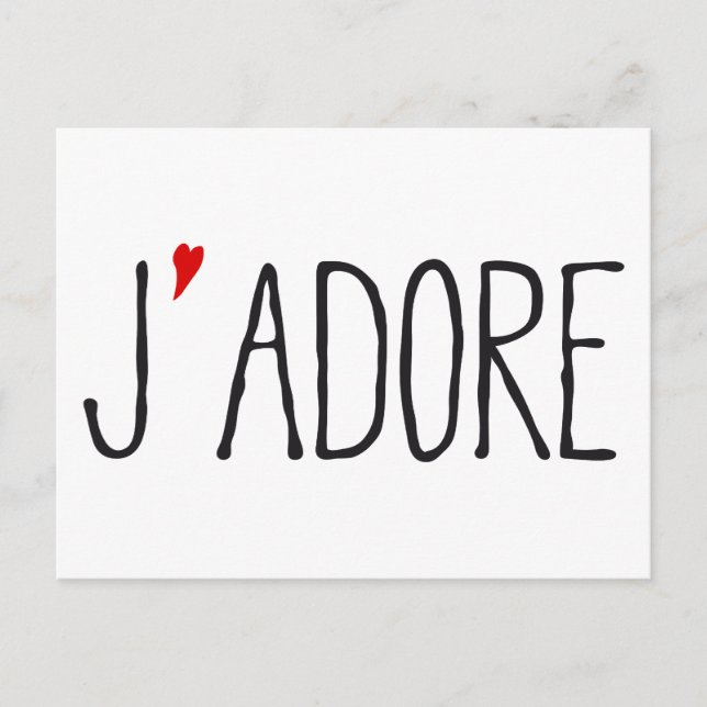 Carte Postale J'adore, art de mot français avec cœur rouge (Devant)