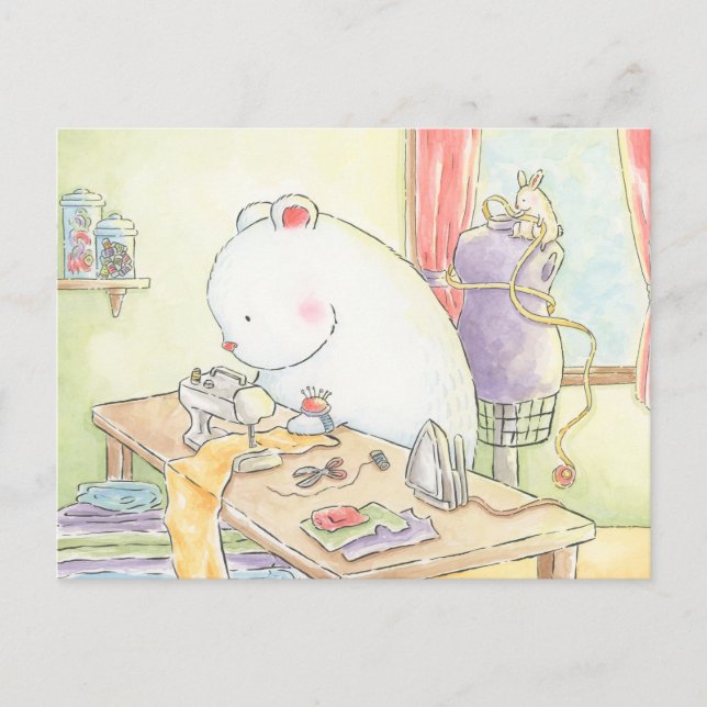 Carte Postale J'adore coudre l'aquarelle de lapin d'ours polaire (Devant)