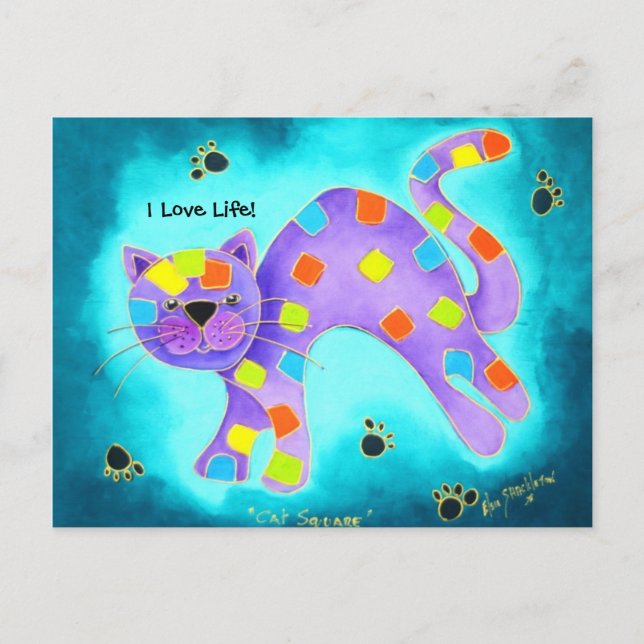 Carte Postale J'adore la vie ! - Magnifique chat aqua heureux (Devant)