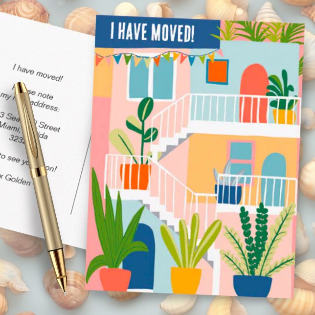 Carte Postale J'ai déménagé Changement d'adresse Appartement Tro (Colorful apartment building moving announcement address change custom postcard - add your own text)