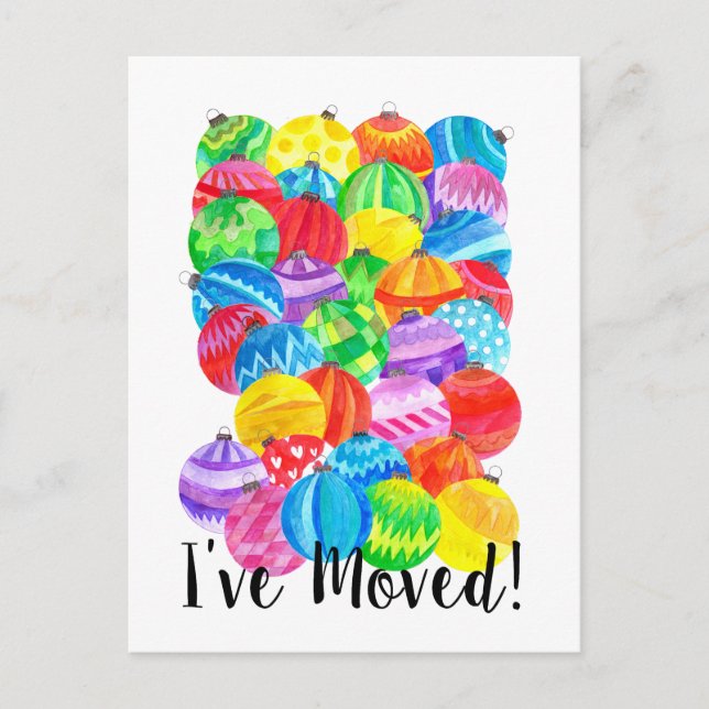 Carte Postale J'ai déménagé/Nouvelle adresse, aquarelle baubles (Devant)