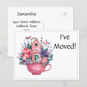 Carte Postale J'ai déménagé Pink Fairytale House dans Teacup Car