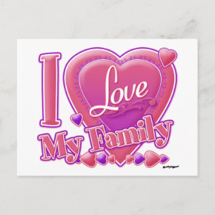 Carte Postale J'aime ma famille rose/violet - cœur