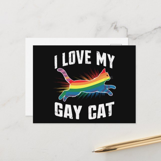 Carte Postale J'Aime Mon Chat Gay Funny Rainbow Pride Lgbt (Devant/Arrière en situation)