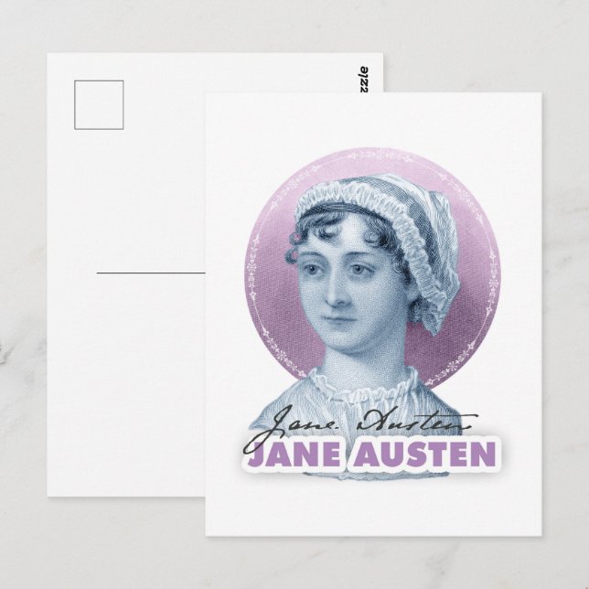 Carte Postale Jane Austen Portrait et signature rose (Devant / Derrière)