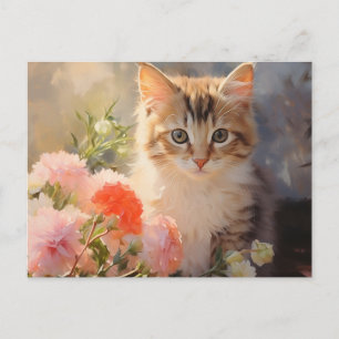 Carte Postale Janvier Fleurs d'oeillet et Kitten