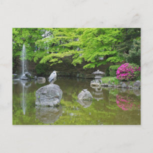Carte Postale Japon, Kyoto. Héron dans des feuilles vertes fraîc