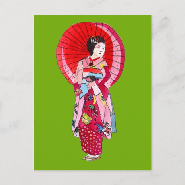 Carte Postale Japonais Geisha rouge kimono art mignon (Devant)