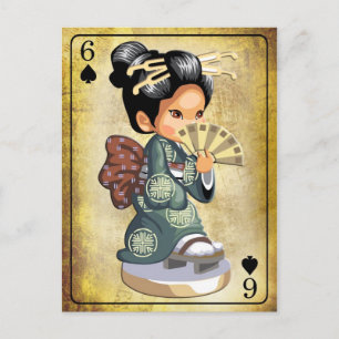 Carte Postale Japonaise à kimono tenant un ventilateur