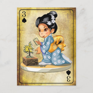 Carte Postale Japonaise en kimono arrosant un bonsaï