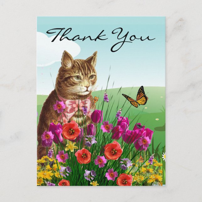 Carte Postale Jardin aux fleurs printanières avec Merci en chats (Devant)