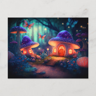 Carte Postale Jardin de fées magique Papillons Chaumières Champi