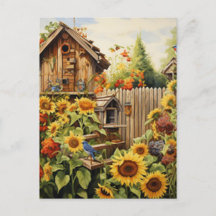 Carte Postale Jardin de tournesol 2 Maisons d'oiseaux Oiseaux bl