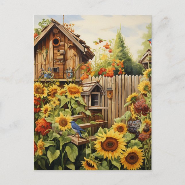 Carte Postale Jardin de tournesol 2 Maisons d'oiseaux Oiseaux bl (Devant)
