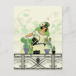 CARTE POSTALE JARDIN DES FENÊTRES, ART DÉCO LADY : GREENS D'ÉTÉ