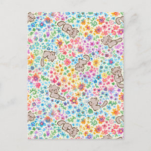 Carte Postale Jardin fantaisiste de Pebble Chat Gris et Floral L