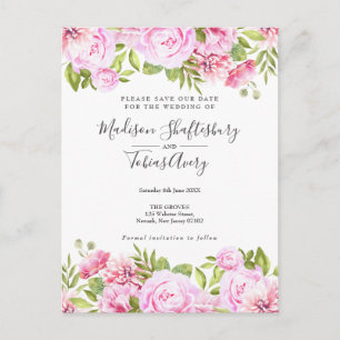Carte Postale Jardin Floral Rose Rose Pâle Enregistrer la Date