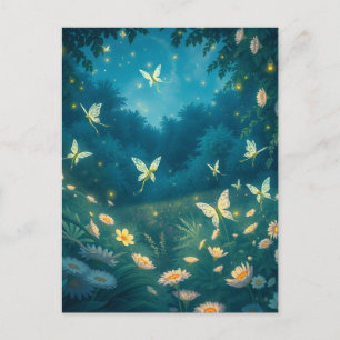 Carte Postale Jardin nocturne avec des fleurs et des lucioles