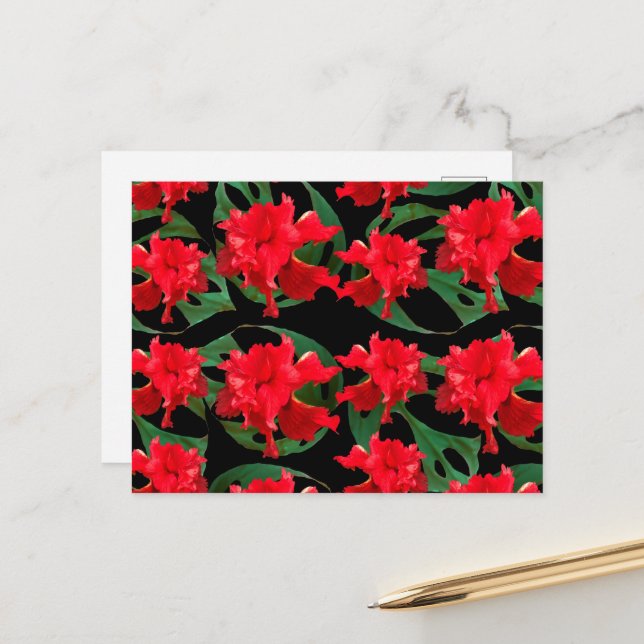 Carte Postale Jardinier Hibiscus Monstera Motif Noir   (Devant/Arrière en situation)