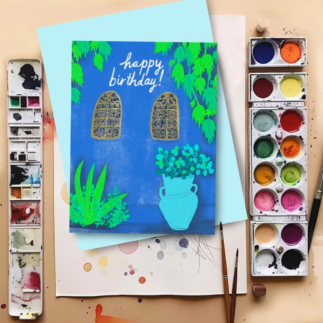 Carte Postale Jardins Majorelle Bleu La Jardin JOUER ANNIVERSAIR (Custom happy birthday postcard with colorful artwork inspired by Majorelle Gardens)
