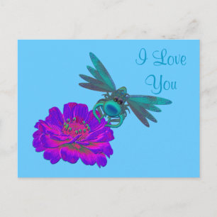 Carte Postale Je t'aime Dragonfly Zinnia Flower Postcard