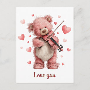 Carte Postale Je t'aime Teddy avec un violon