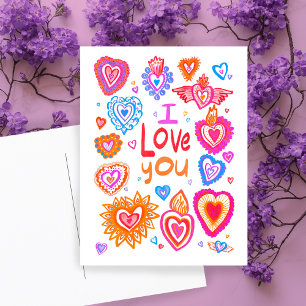 Carte Postale JE VOUS AIME Valentine Colorful Whimsical HEARTS
