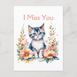 Carte Postale Je Vous Manque Kitten gris en fleurs roses