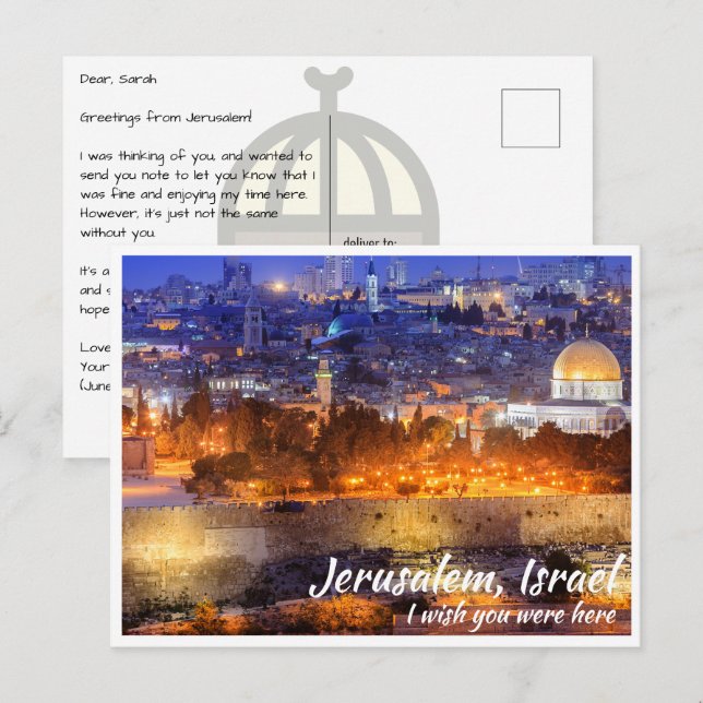 Carte Postale Jérusalem Israël avec Dôme du Rocher à la nuit (Devant / Derrière)