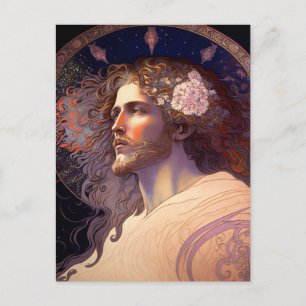 Carte Postale Jésus aux fleurs dans les cheveux par Mucha AI Gén