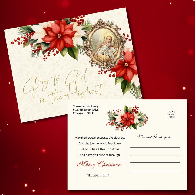 Carte Postale Jésus bébé de Noël Poinsettias Joyeux Noël (Créateur téléchargé)