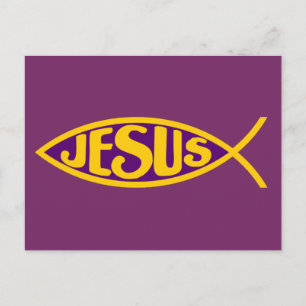 CARTE POSTALE JÉSUS CHRIST ICHTHYS SALUT POISSON OR PURPLE