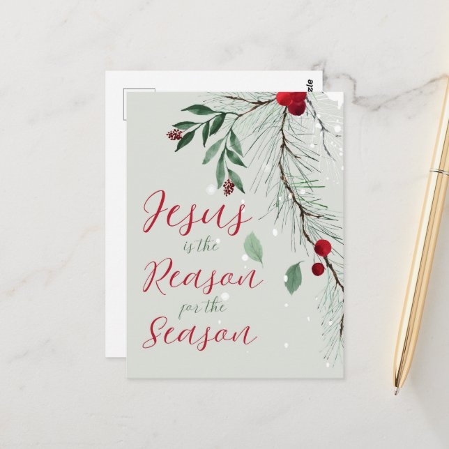 Carte Postale Jésus est la raison de l'aquarelle Noël hiver (Devant/Arrière en situation)