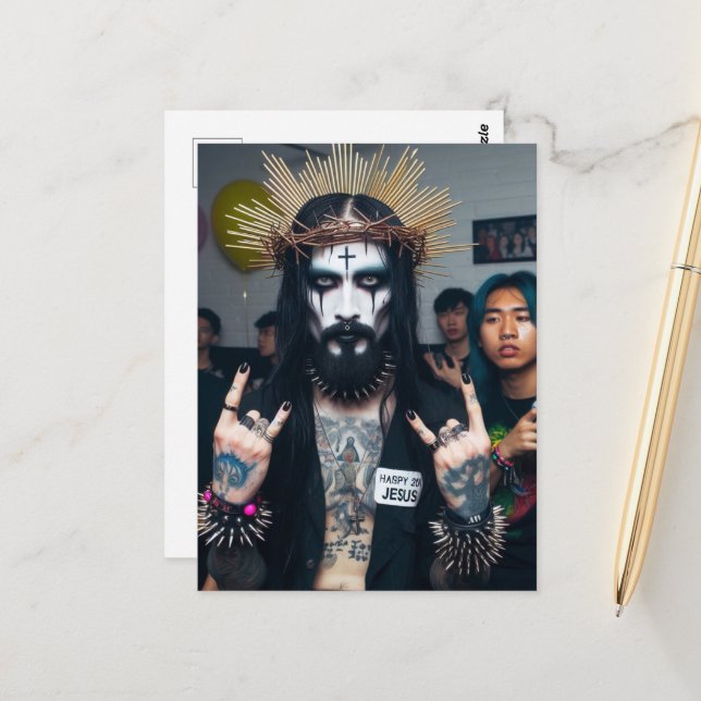 Carte Postale Jésus Rock Punk Goth à sa fête d'anniversaire (Devant/Arrière en situation)