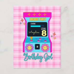 Carte Postale Jeu d'arcade Fête d'anniversaire rétro Bleu Rose
