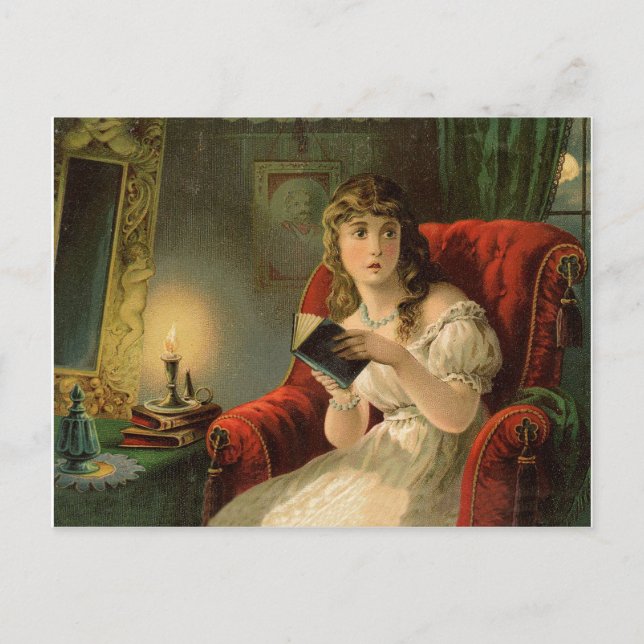 Carte Postale Jeune femme effrayée lisant un livre, vacances vin (Devant)