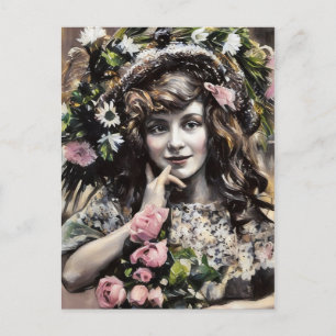 Carte Postale Jeune fille avec chapeau floral roses dessin au pa
