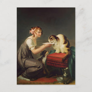Carte Postale Jeune fille donnant du lait à son art de chat
