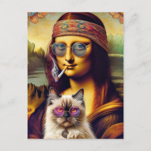 Carte Postale Jeune hippie Mona Lisa et son chat himalayen