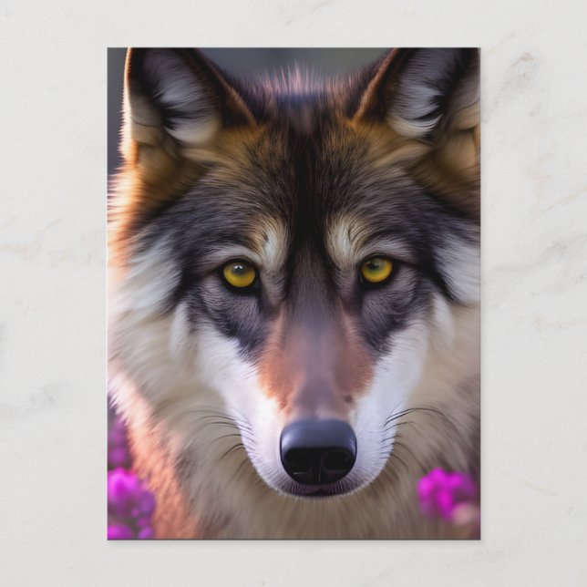 Carte Postale Jeune loup en fleurs rose fuchsia (Devant)