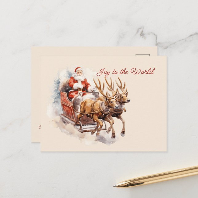 Carte Postale Joie au monde Père Noël Sleigh Reindeer Rushing (Devant/Arrière en situation)